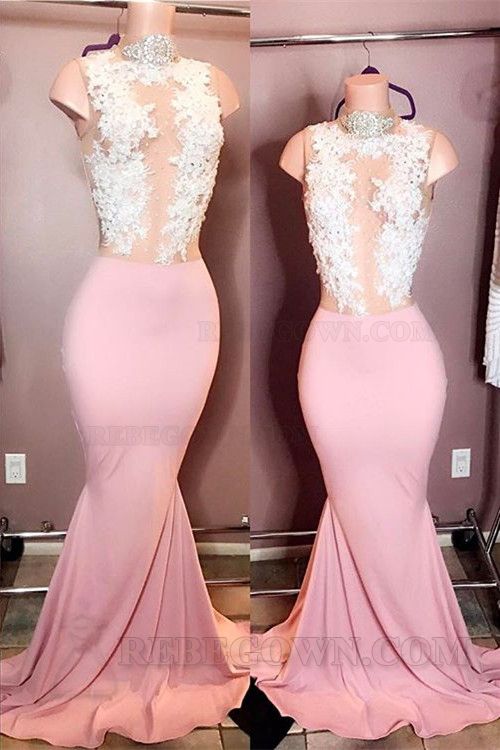 Sheath/Column High Neck Appliques Satin Sleeveless Sweep/Brush Train 2027 Prom Dresses front view