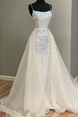 2027 Sheath/Column Sequins Spaghetti Straps Sleeveless Floor-Length Prom Dresses front view