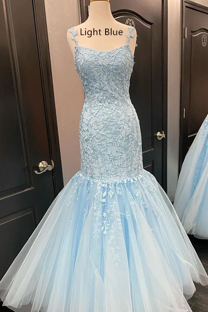 Sheath/Column Spaghetti Straps Tulle Appliques Floor-Length Prom Dresses front view
