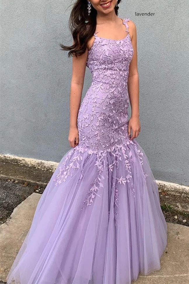 Sheath/Column Spaghetti Straps Tulle Appliques Floor-Length Prom Dresses side view