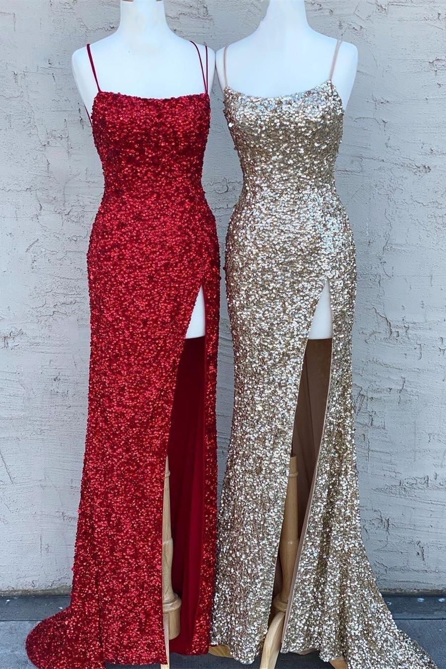 Sheath/Column Sequins Spaghetti Straps Sleeveless Sweep/Brush Train 2027 Prom Dresses front view