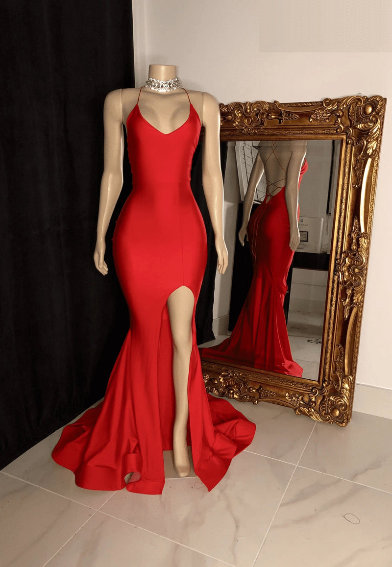 Red 2027 Column V-neck Satin Sleeveless Sweep/Brush Train Prom Dresses