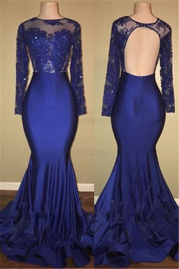 2027 Sheath/Column Long Sleeves Satin Appliques Scoop Neck Brush Train Prom Dresses front view