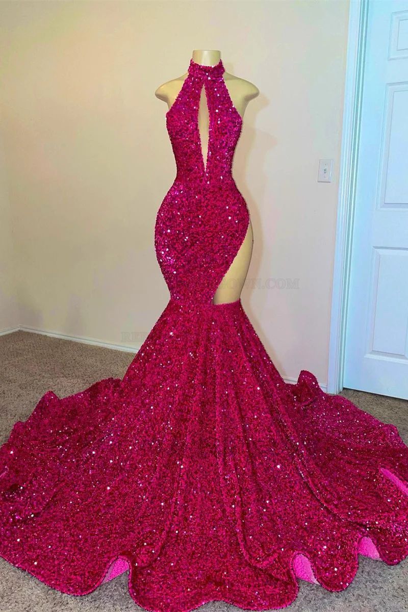 Sheath/Column Sequins High Neck Sleeveless Brush Train 2027 Prom Dresses front view