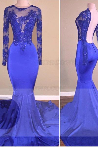2027 Column Scoop Neck Satin Long Sleeves Appliques Sweep/Brush Train Prom Dresses front view
