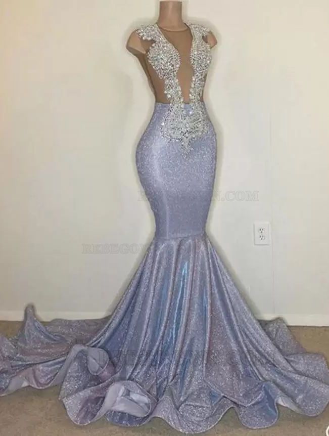 Mermaid/Trumpet Sequins Scoop Neck Appliques Sleeveless 2027 Brush Train Prom Dresses front view