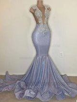 Mermaid/Trumpet Sequins Scoop Neck Appliques Sleeveless 2027 Brush Train Prom Dresses front view