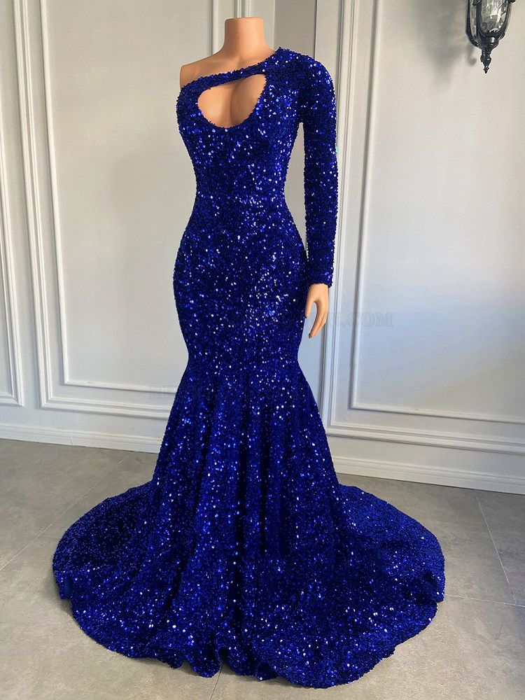 Sheath/Column Sequins One Shoulder Long Sleeves 2027 Sweep/Brush Train Prom Dresses side view