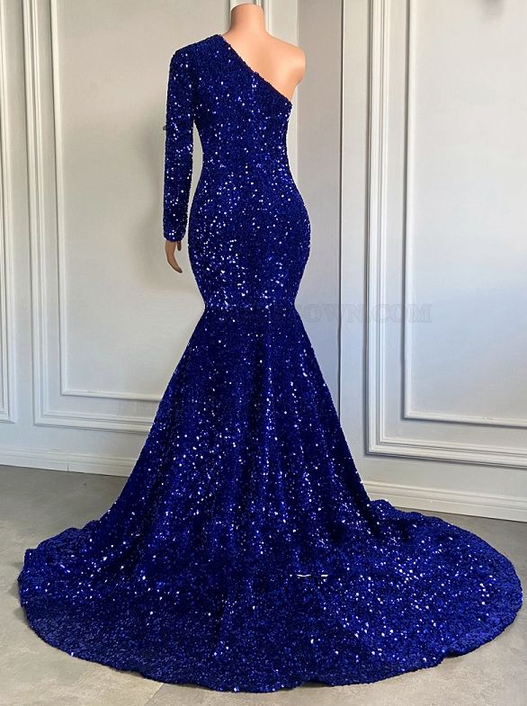 Sheath/Column Sequins One Shoulder Long Sleeves 2027 Sweep/Brush Train Prom Dresses back view