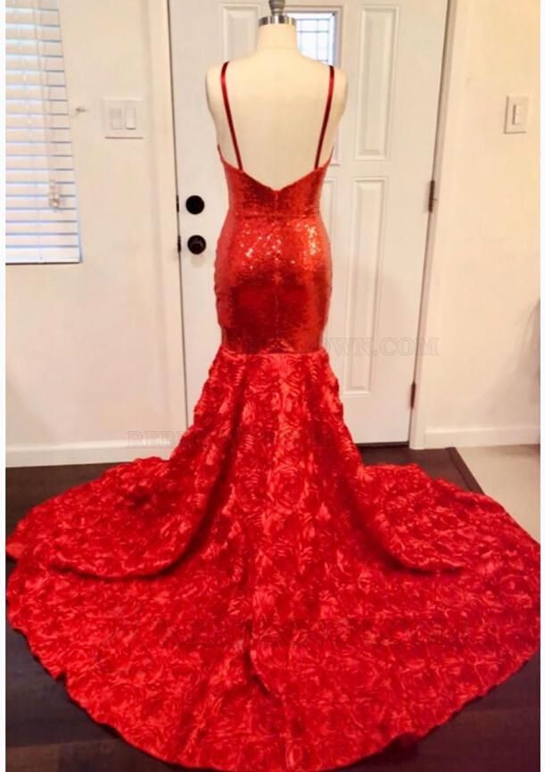 Column/Sheath Lace V-neck Sleeveless Hand-Made Flower 2027 Sweep/Brush Train Prom Dresses back view