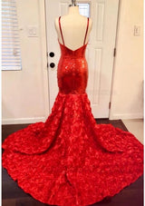 Column/Sheath Lace V-neck Sleeveless Hand-Made Flower 2027 Sweep/Brush Train Prom Dresses back view