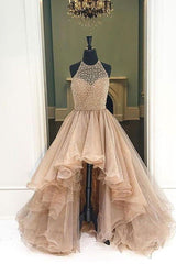 2027 Halter Beaded High Low Organza Champagne Prom Dresses front view