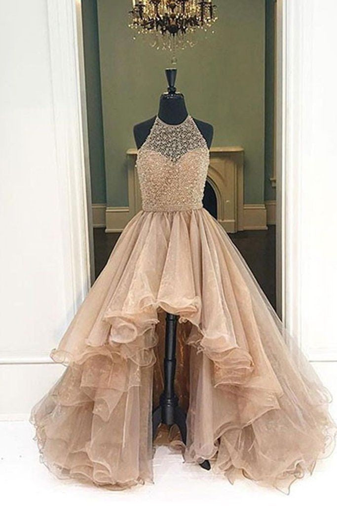 2027 Halter Beaded High Low Organza Champagne Prom Dresses front view