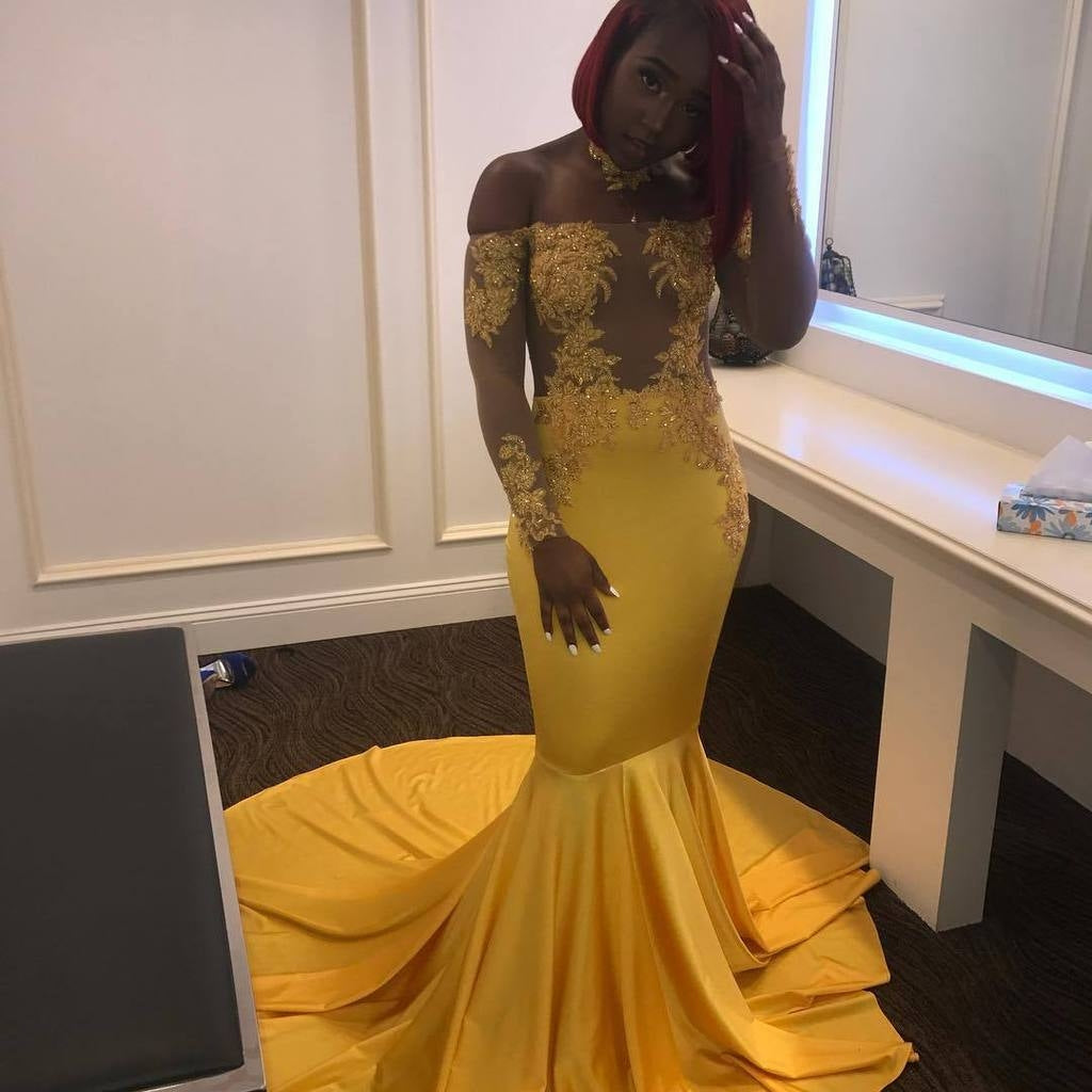 Off Shoulder Mermaid Long Sleeves Yellow Long Train Prom Dresses With Appliques  back view