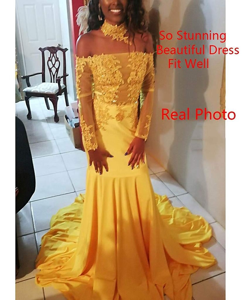 Off Shoulder Mermaid Long Sleeves Yellow Long Train Prom Dresses With Appliques  side view