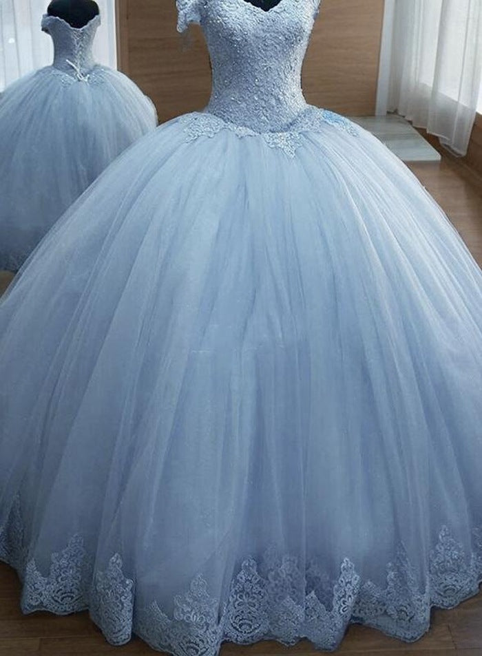 Blue 2027 Short Sleeve Prom Dresses Off The Shoulder V-Neck Blue Ball Gown Pleated Lace Appliques