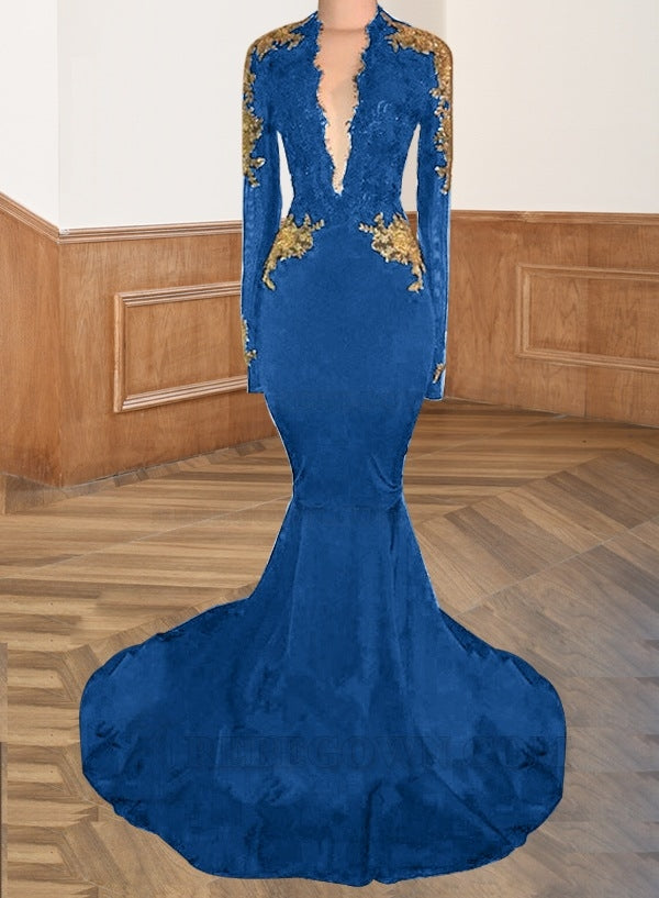 Blue 2027 Deep V-Neck Prom Dresses Backless Long Sleeve Satin Black Mermaid Appliques