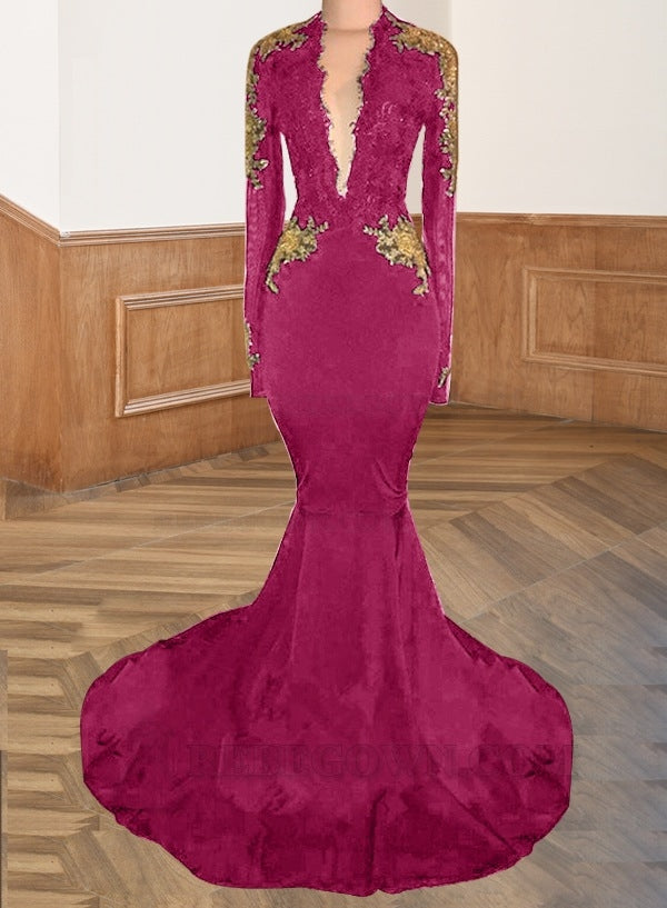 Fuchsia 2027 Deep V-Neck Prom Dresses Backless Long Sleeve Satin Black Mermaid Appliques