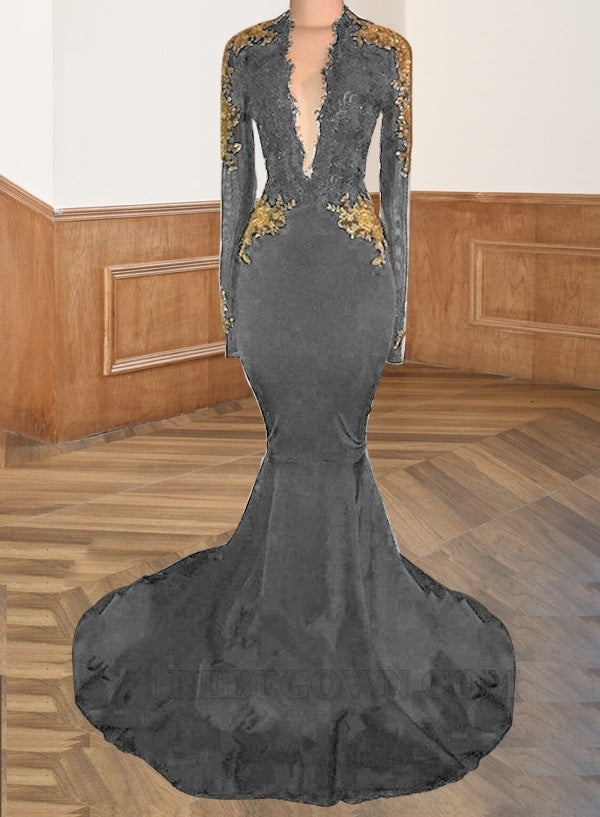 Grey 2027 Deep V-Neck Prom Dresses Backless Long Sleeve Satin Black Mermaid Appliques