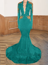 Jade 2027 Deep V-Neck Prom Dresses Backless Long Sleeve Satin Black Mermaid Appliques