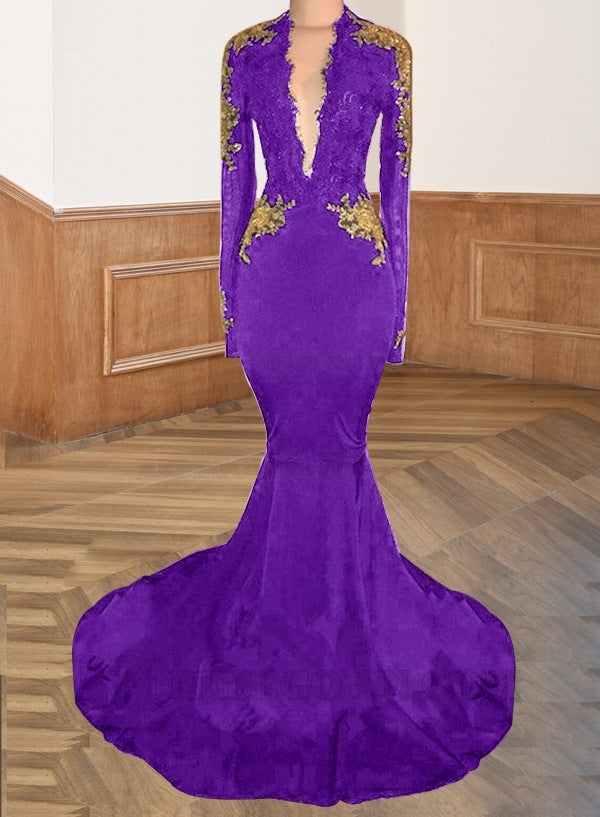 Lilac 2027 Deep V-Neck Prom Dresses Backless Long Sleeve Satin Black Mermaid Appliques
