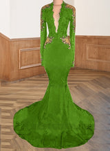 Lime Green 2027 Deep V-Neck Prom Dresses Backless Long Sleeve Satin Black Mermaid Appliques