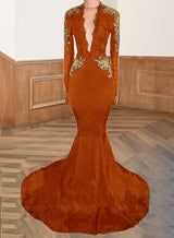Orange 2027 Deep V-Neck Prom Dresses Backless Long Sleeve Satin Black Mermaid Appliques
