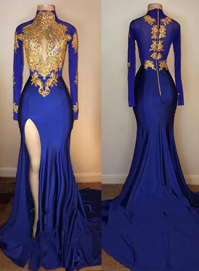 Royal Blue African Royal Blue Side Slit Sheath Long Sleeves Prom Dresses With Gold Appliques