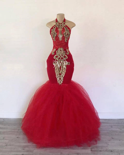 2027 Halter Red Mermaid Prom Dresses front view