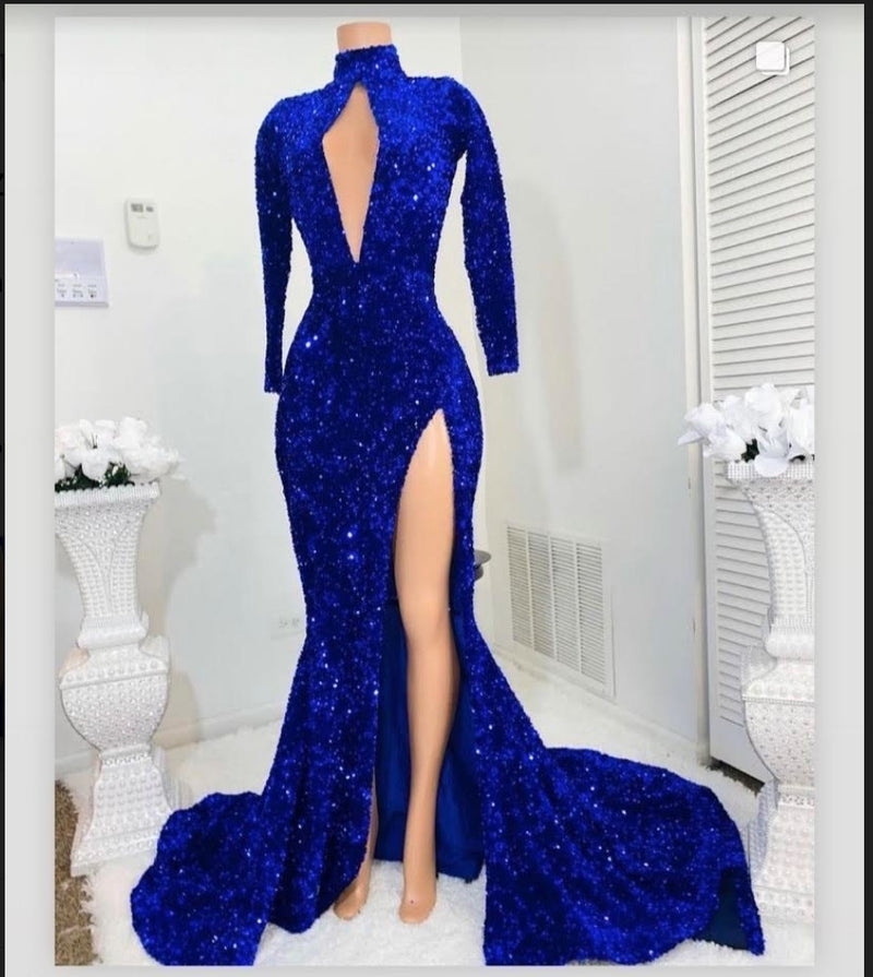 Long Sleeves Royal Blue Prom Dresses front view