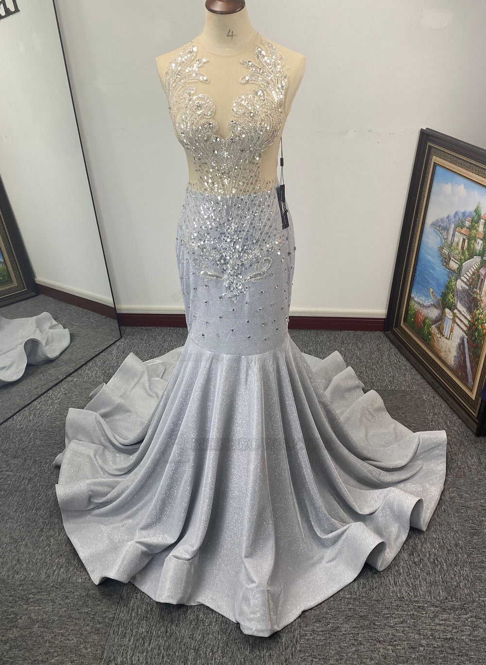 Silver Beaded Mermaid Prom Dresses front view