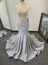 Silver Beaded Mermaid Prom Dresses front view