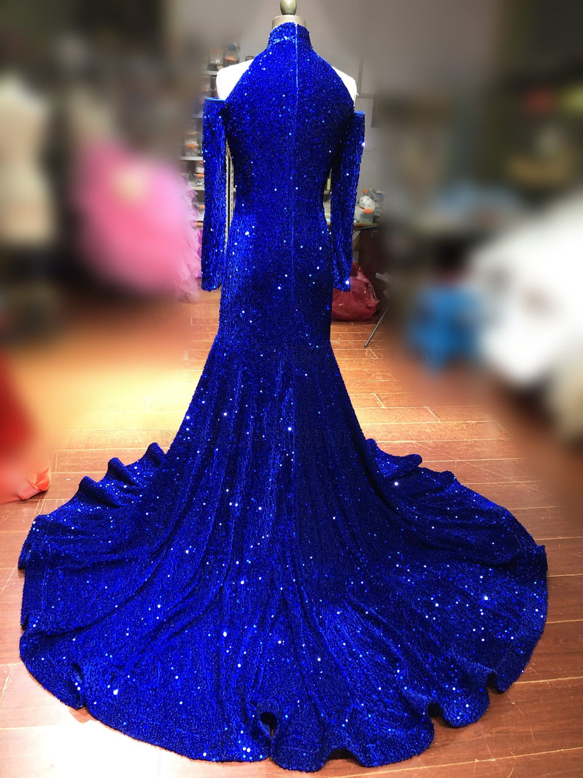 Royal Blue High Neck Mermaid Sequins Long Sleeves Prom Dress back view