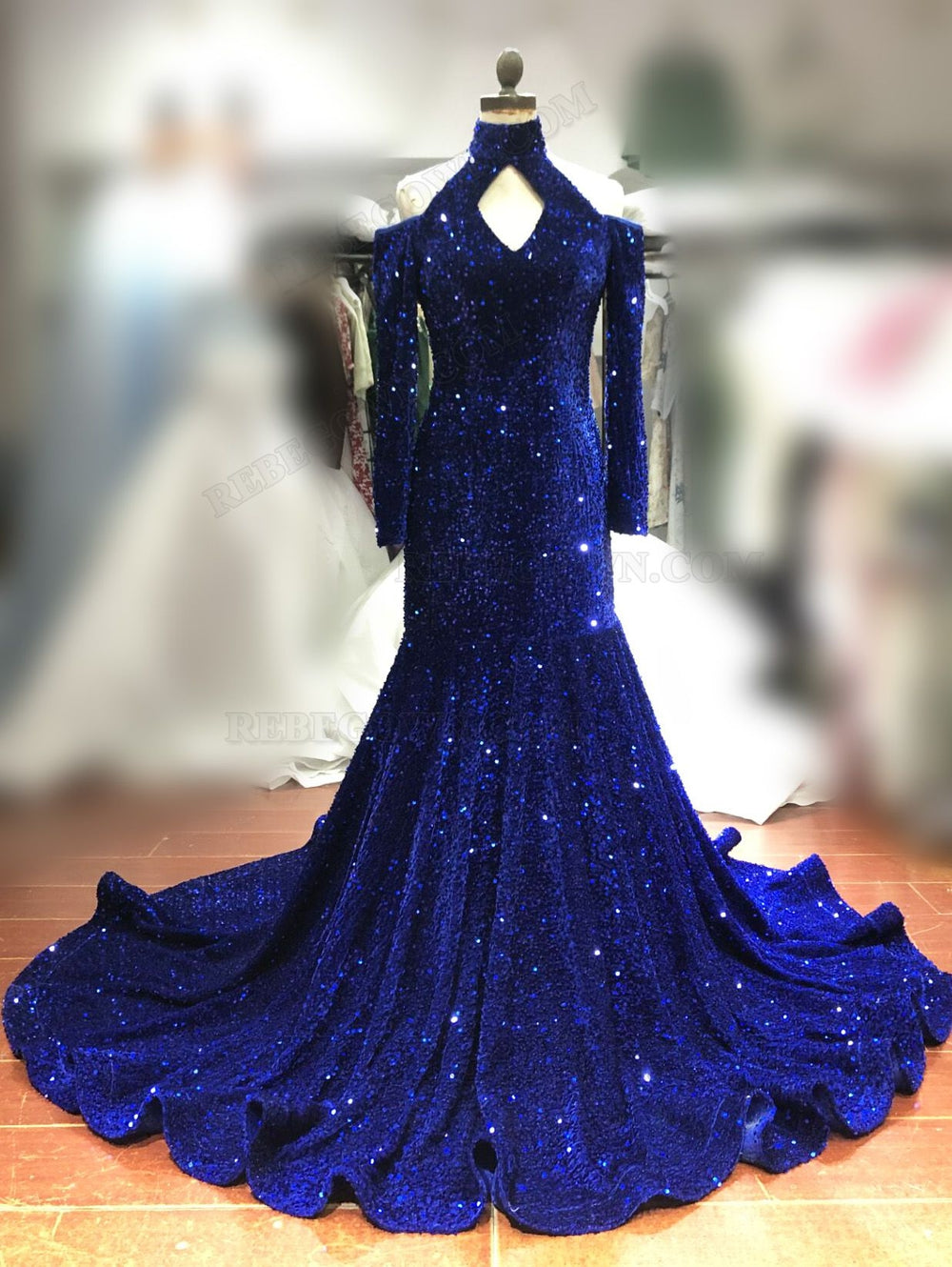 Royal Blue High Neck Mermaid Sequins Long Sleeves Prom Dress front view
