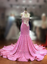 Pink Sequins Mermaid Beaded Backless Prom Dress front view