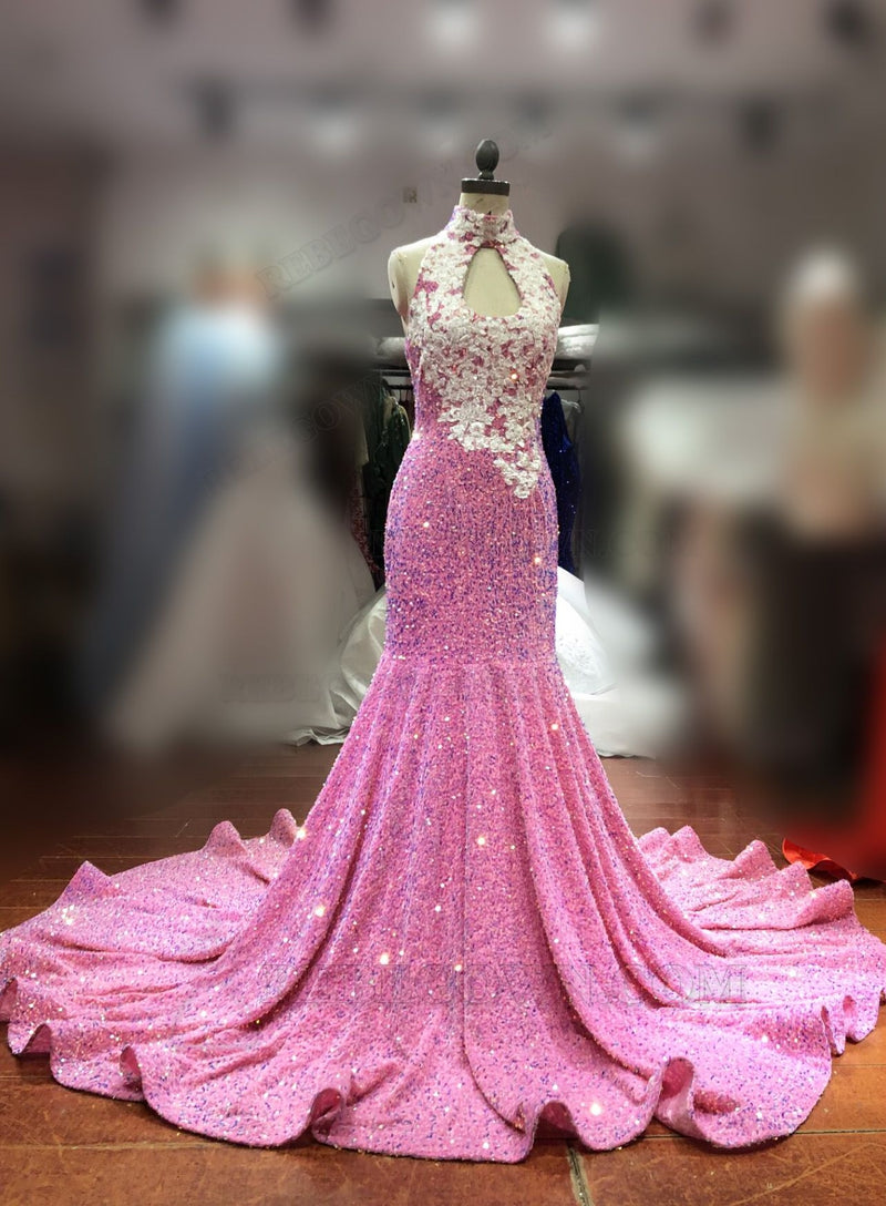 Pink Sequins Mermaid Beaded Backless Prom Dress front view