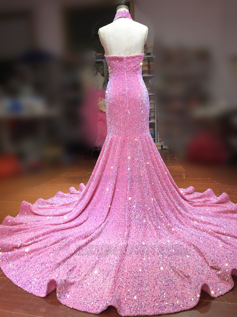 Pink Sequins Mermaid Beaded Backless Prom Dress back view