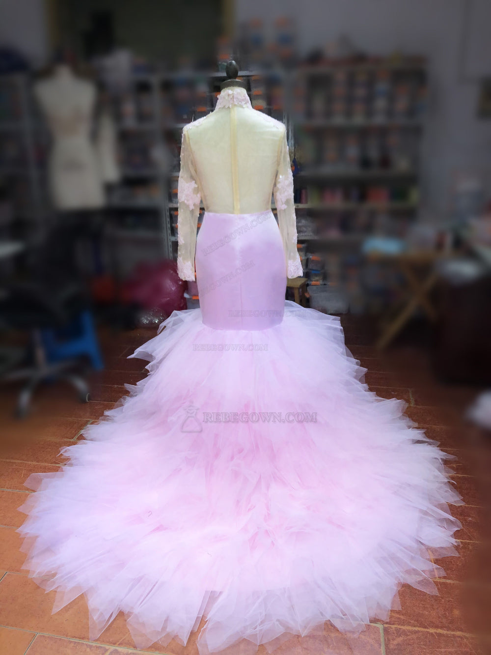 Long Sleeves Pink Mermaid Prom Dress back view