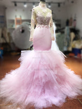 Long Sleeves Pink Mermaid Prom Dress front view