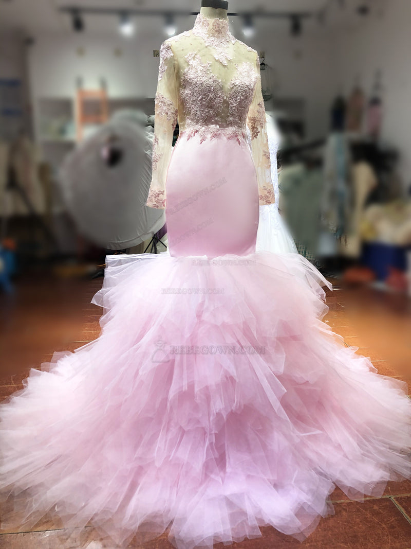 Long Sleeves Pink Mermaid Prom Dress front view