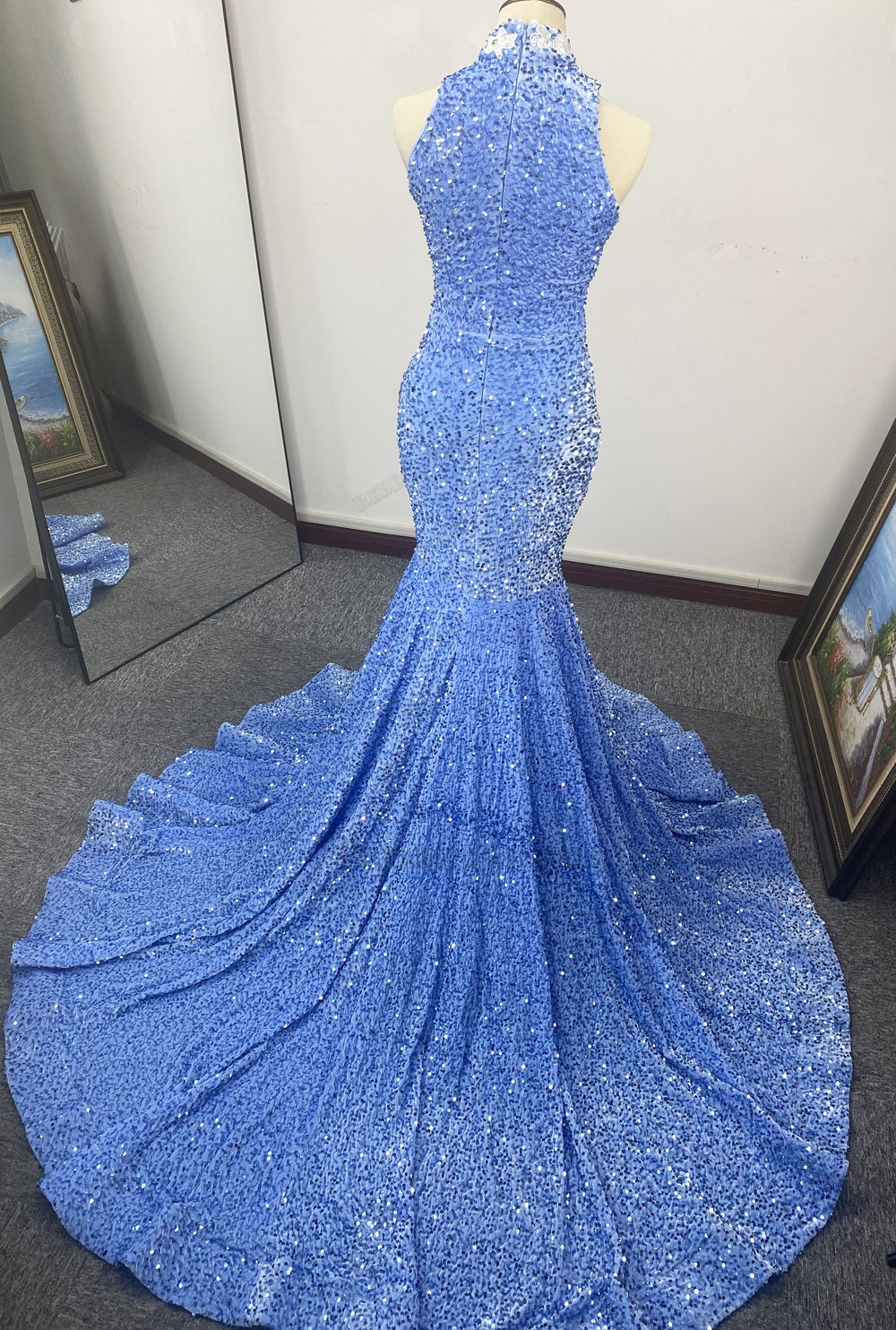 Blue Sequins Mermaid Halter Prom Dresses back view