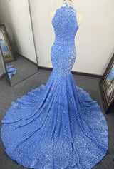 Blue Sequins Mermaid Halter Prom Dresses back view