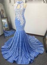 Blue Sequins Mermaid Halter Prom Dresses front view