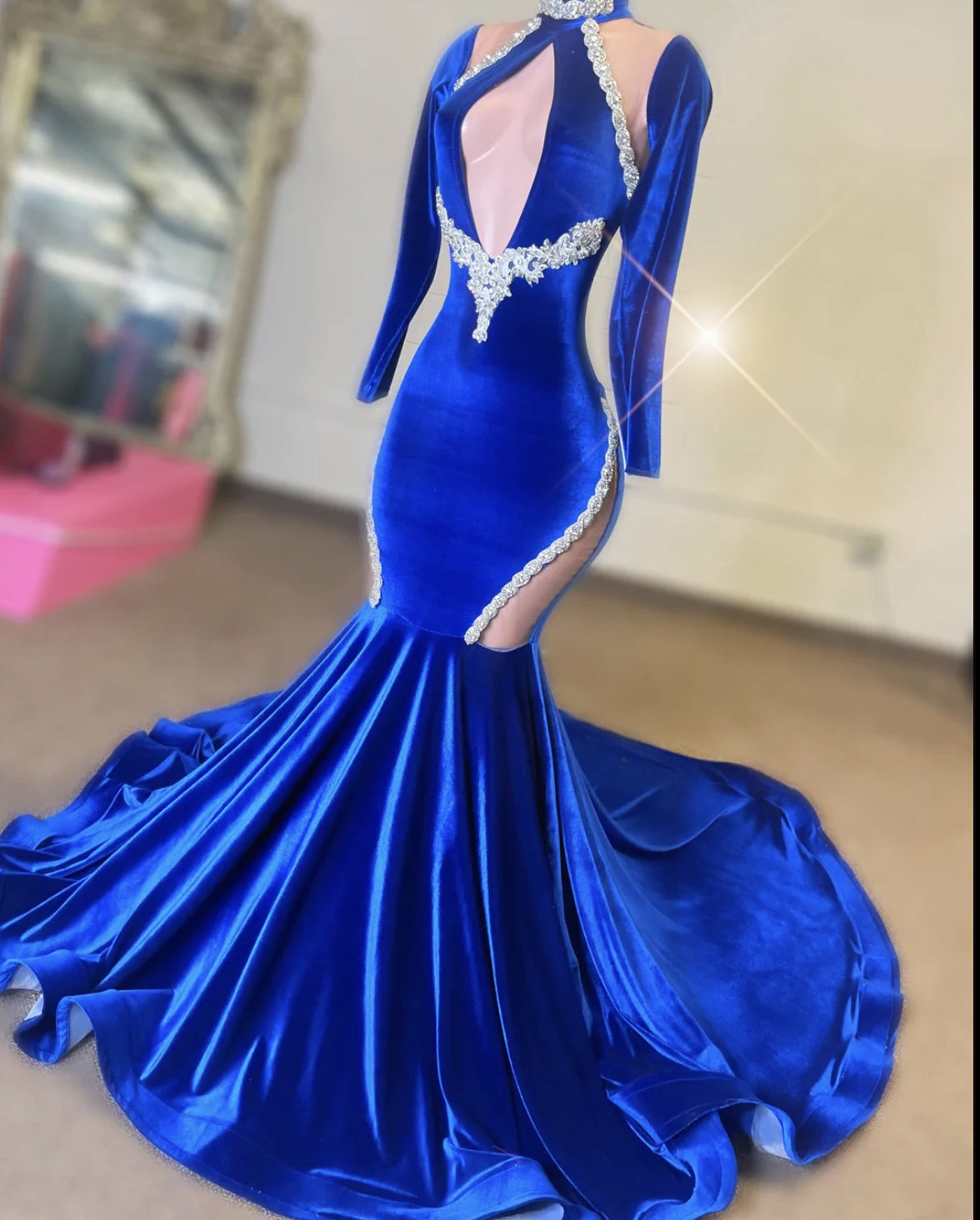 Long Sleeves Royal Blue Mermaid Prom Dresses front view