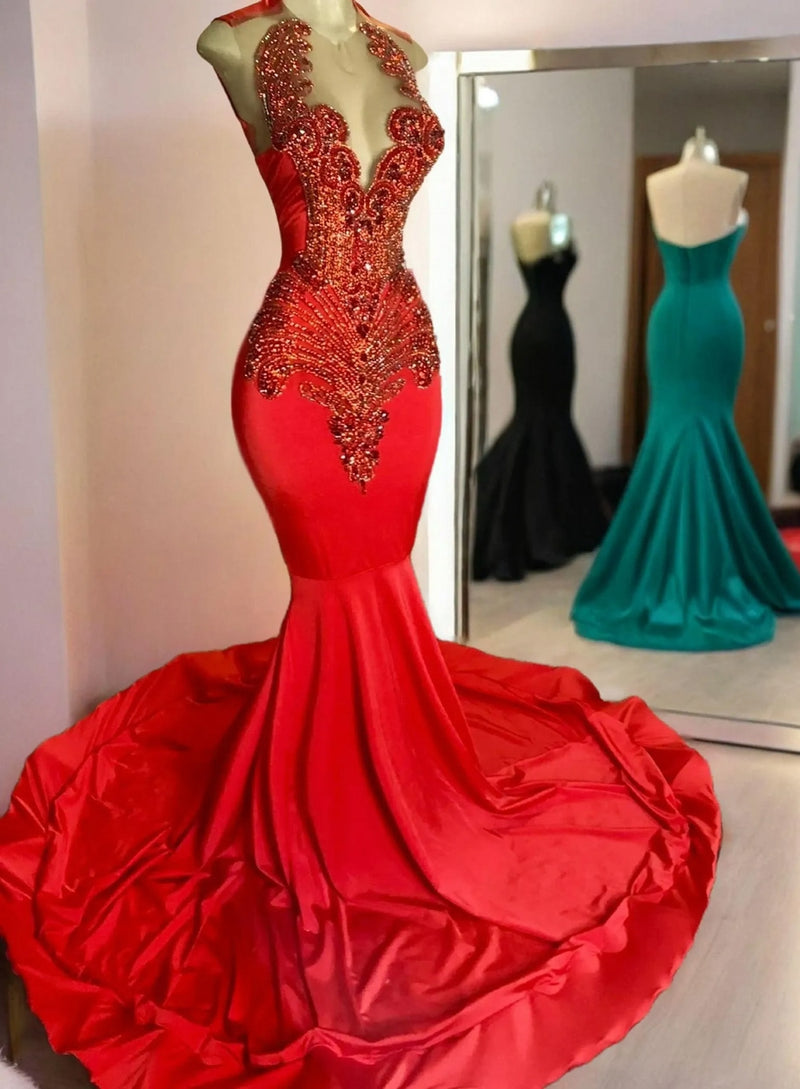 2027 Red Mermaid Prom Dresses With Beaded front view