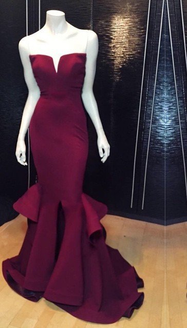Burgundy Prom Dresses Mermaid Notched Neck Satin back view