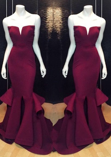 Burgundy Prom Dresses Mermaid Notched Neck Satin front view