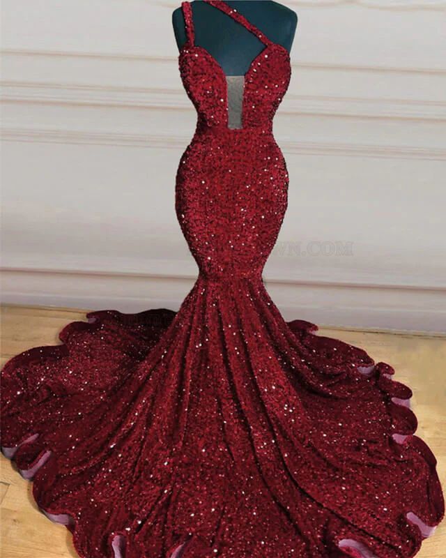 One Shoulder Mermaid Sequins Sleeveless Sweep/Brush Train Prom Dresses side view