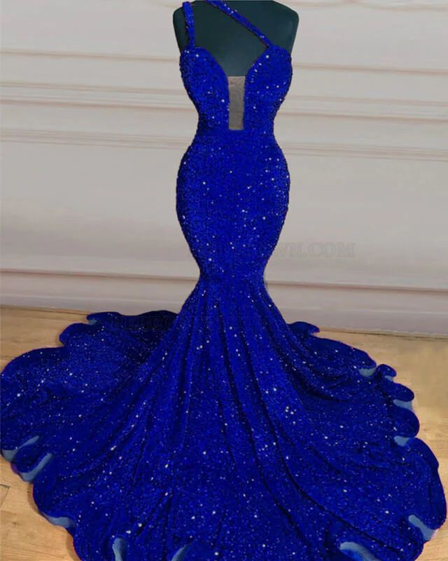 One Shoulder Mermaid Sequins Sleeveless Sweep/Brush Train Prom Dresses back view