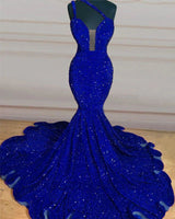 One Shoulder Mermaid Sequins Sleeveless Sweep/Brush Train Prom Dresses back view